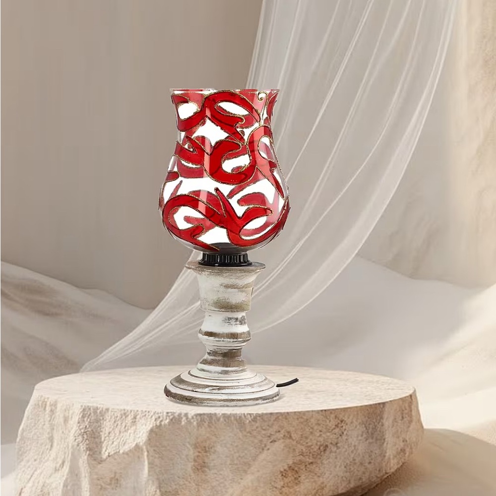 Red Color Mosaic Glass Lamp with Handcraved Wooden Base